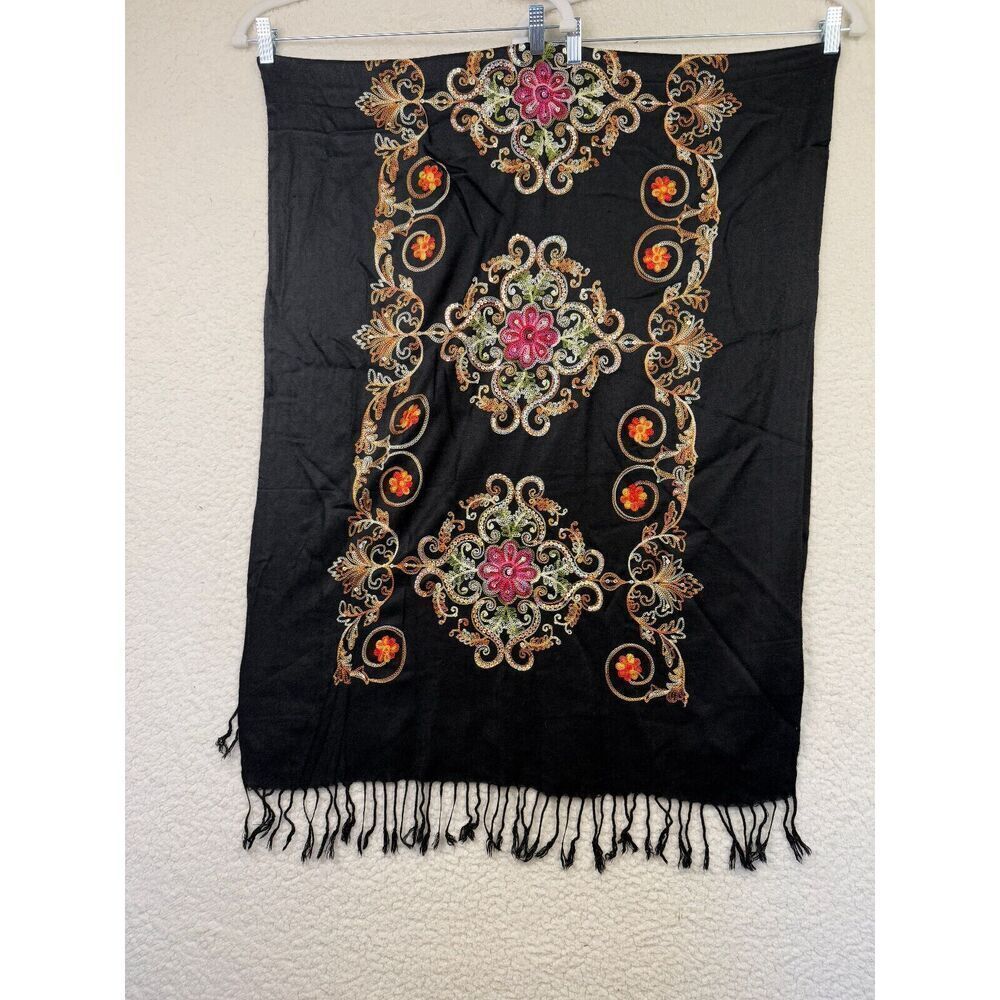 Dupatta Style Scarf‎ Shawl with Silk Thread Flowers Beautiful Scarf Black Fringe